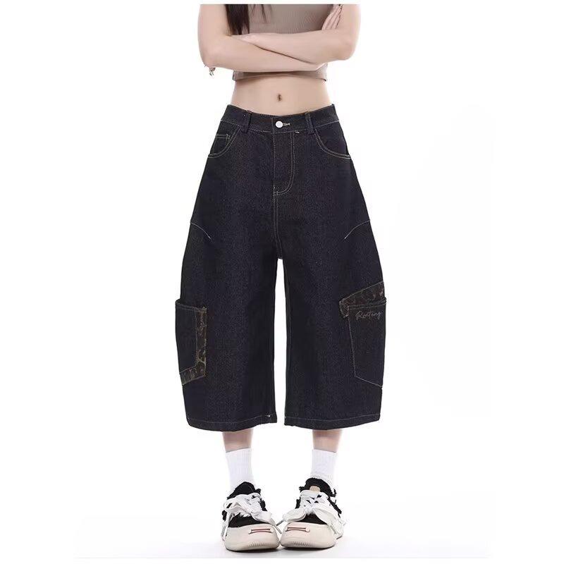 Pants Men's and Women's High Street Multi-pocket Loose Tooling Shorts Large Size Guochao Camouflage Splicing Scimitar Denim