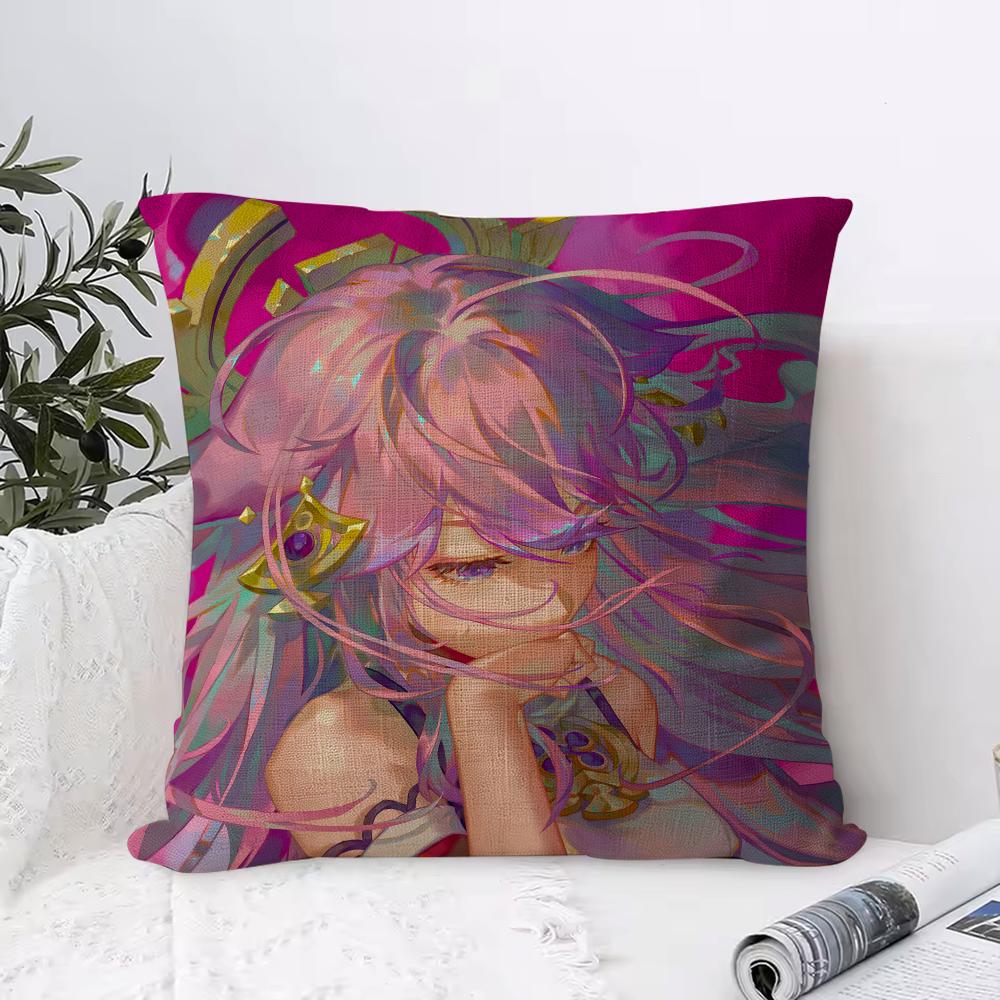 Genshin Impact Yae Miko Cushion Cover Eco Linen Pillow Case DoubleSided Print Breathable Durable Zipper Home Decor Gift