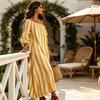 Lightweight Polyester Dress Summer Women Striped Long Dress, Off Shoulder Sleeve Casual with Side Pocket Ankle Length Loose Swing Beach