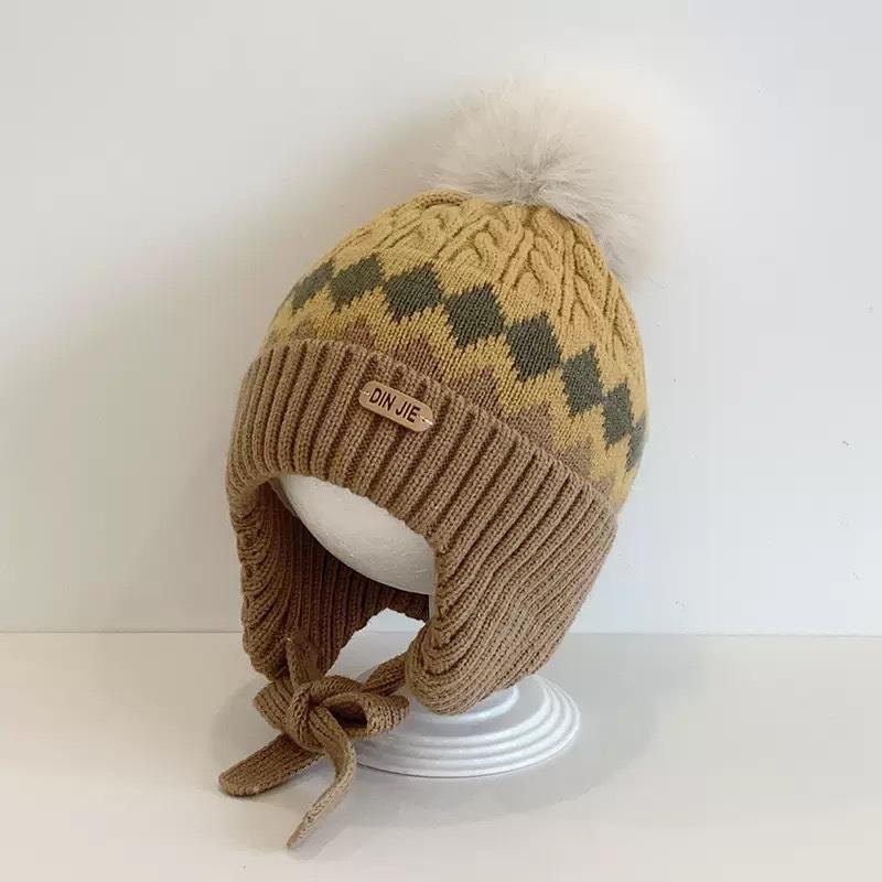 New Children's Rhombus Jacquard Knitted Ear Protection Hat for Boys and Girls' Babies Autumn and Winter Fleece Warm Hat