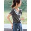 Women's Contrast V-Neck Slim Fit Faux Two-Piece T-Shirt