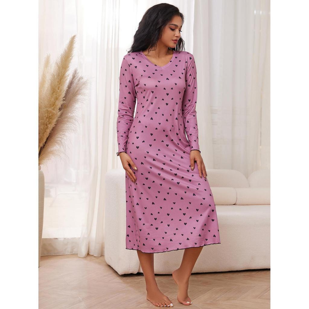 Pigiama lungo da donna primavera e autunno scollo a V stampa amore camicie da notte a maniche lunghe