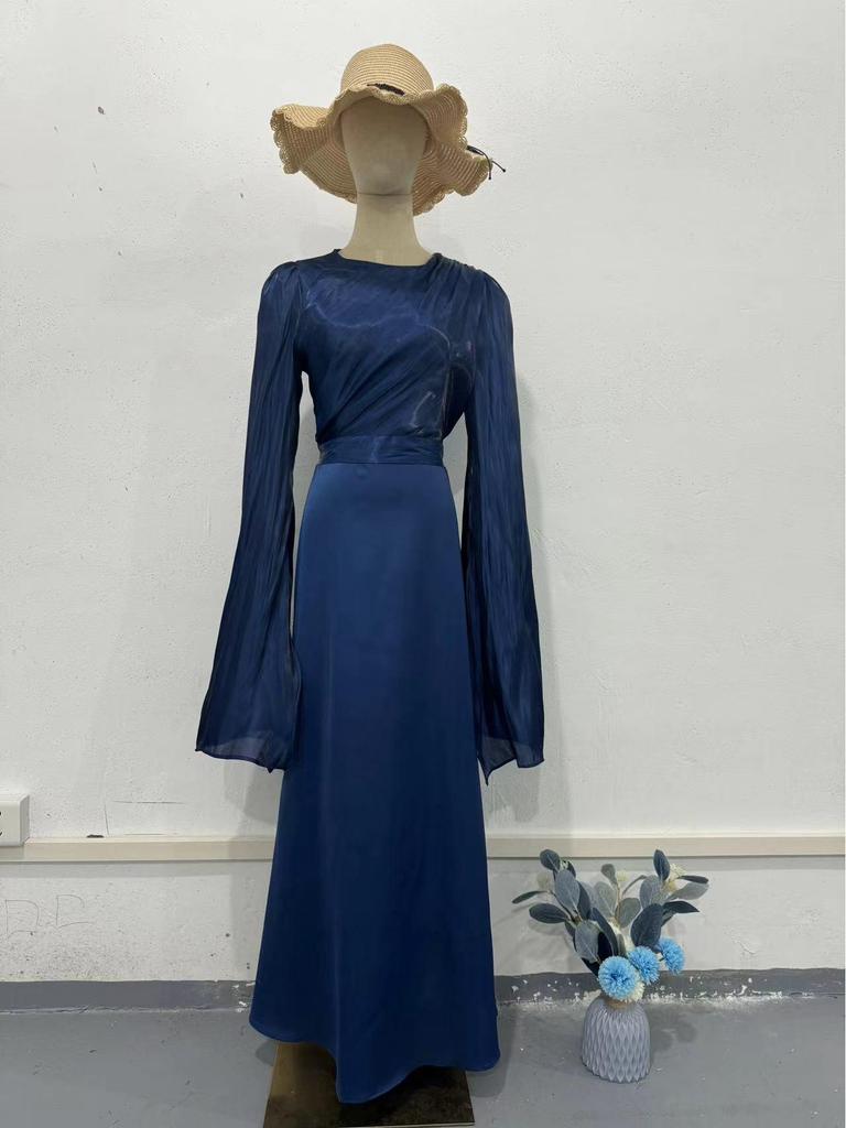 2025 Spring Socialite Slimming Spliced Glass Yarn Long Sleeve Satin Dress