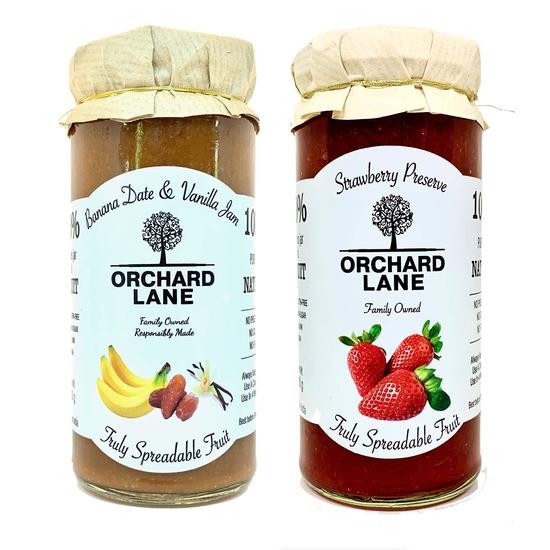 Orchard Lane Combo of Banana Date Vanilla Jam & Strawberry Jam | High Fruit Content |Low sugar | 280g Each | Pack of 2 280GM