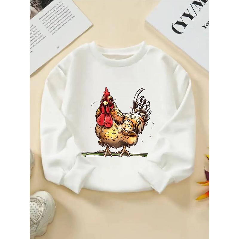 Girls' Crewneck Sweatshirt - Rooster Standing On Green Fence Machine Washable, Spring And Autumn, Sportswear And Casual Wear