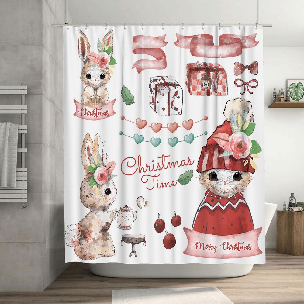 Watercolor Christmas Shower Curtain Set Rabbit Cat Winter Festive Decor for Bathroom Merry Xmas Home Decor Red White Heart Gift
