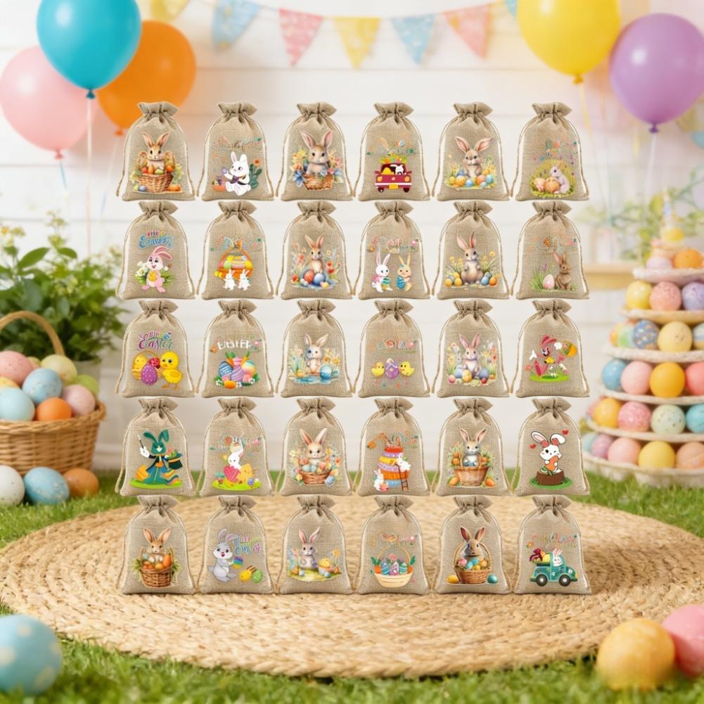 Egg Hunt Easter Favor Bags Linen Fabric Assorted Patterns Reusable Design For Candy Gifts Drawstring Candy Pouches