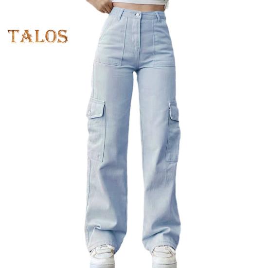 Damen-Cargohose, mittelhoher Bund, Knopfleiste, Reißverschluss, lässige Hose mit mehreren Taschen, gerades Bein, lockere Passform, einfarbig, lange Hose