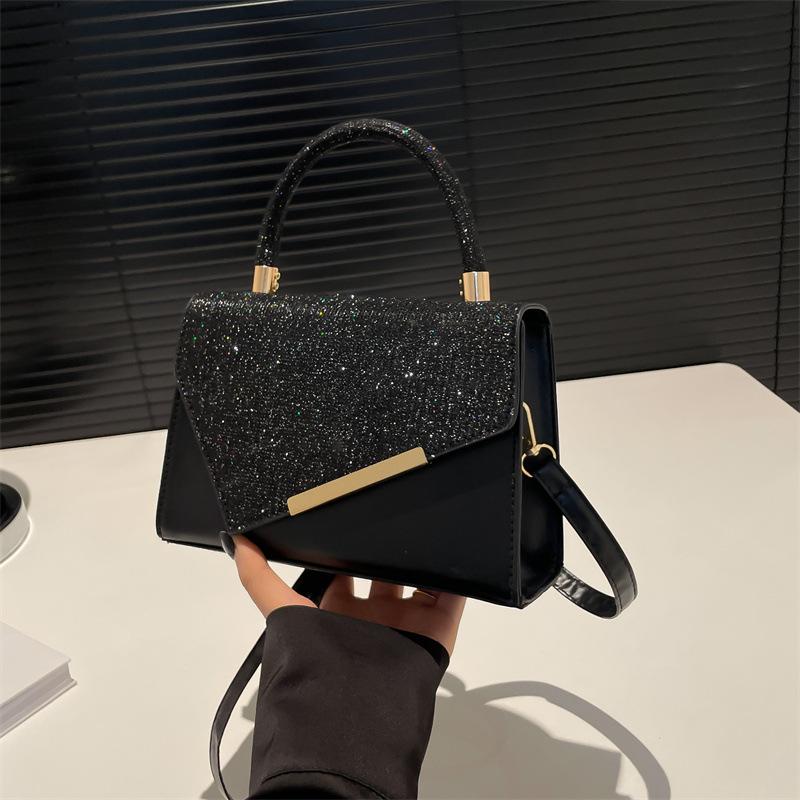 Women's Elegant Glitter Handbag, Flap Crossbody Satchel Purse with Gold Accent Detachable Strap for Party Wedding Shoulder Bags