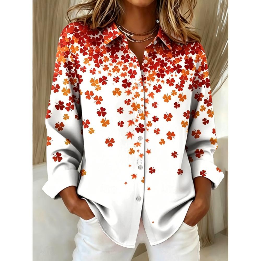Women's Long Sleeve Ombre Clover Print Button Down Casual Shirt Elegant Daily Blouse Tops in White for Spring Summer