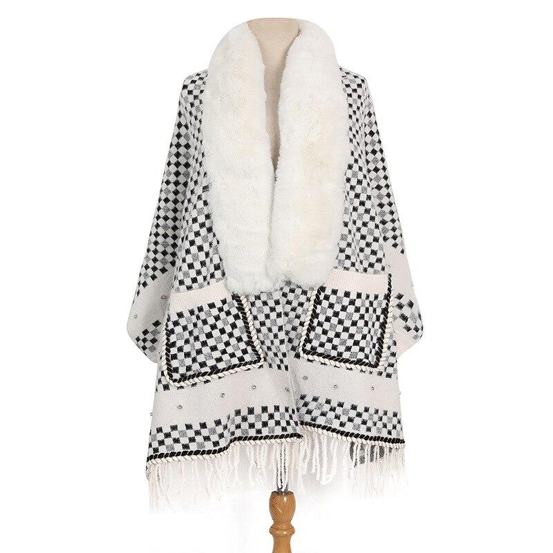 2022 Women Fur Collar Knitted Loose Cape Winter Faux Mink Velvet Warm Poncho Batwing Sleeves Cardigan Knitwear Coat With Pocket