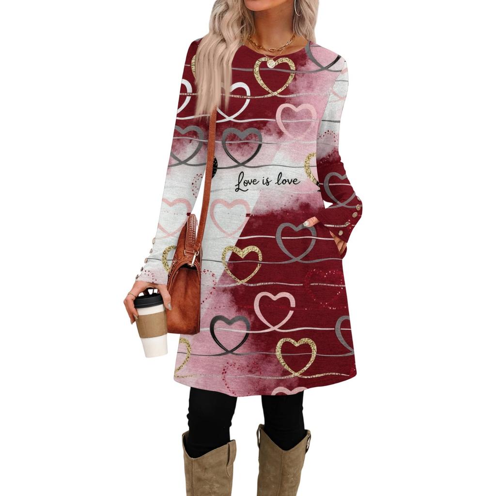 Women's Fashion Casual Pocket Decorative Button Dress Round Neck Long Sleeve Printed Dress