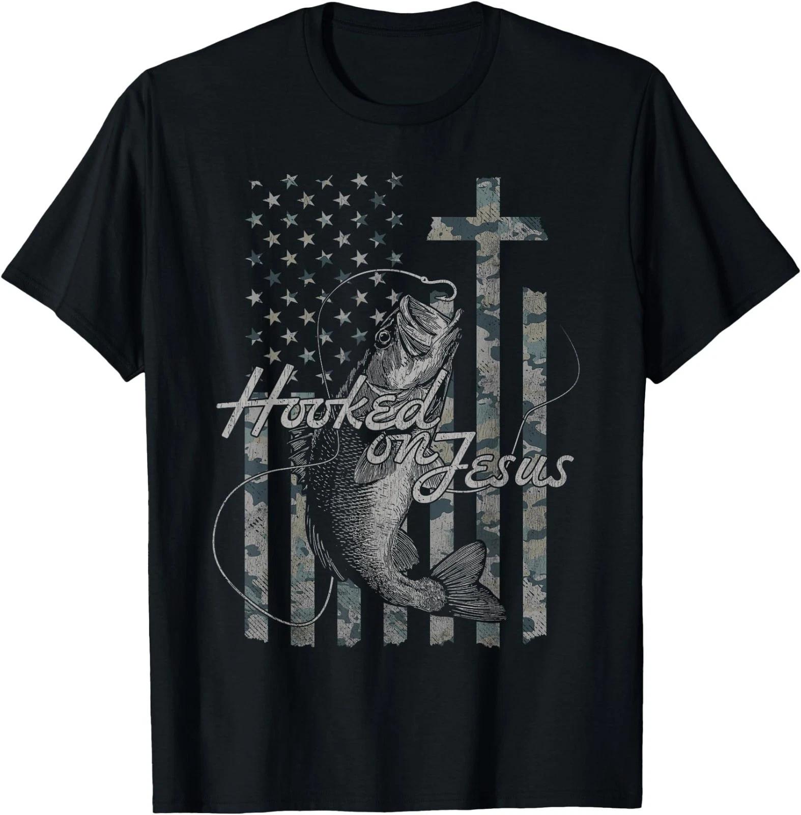 Hooked on Jesus Christian American Flag Fishing T-Shirt 2XL