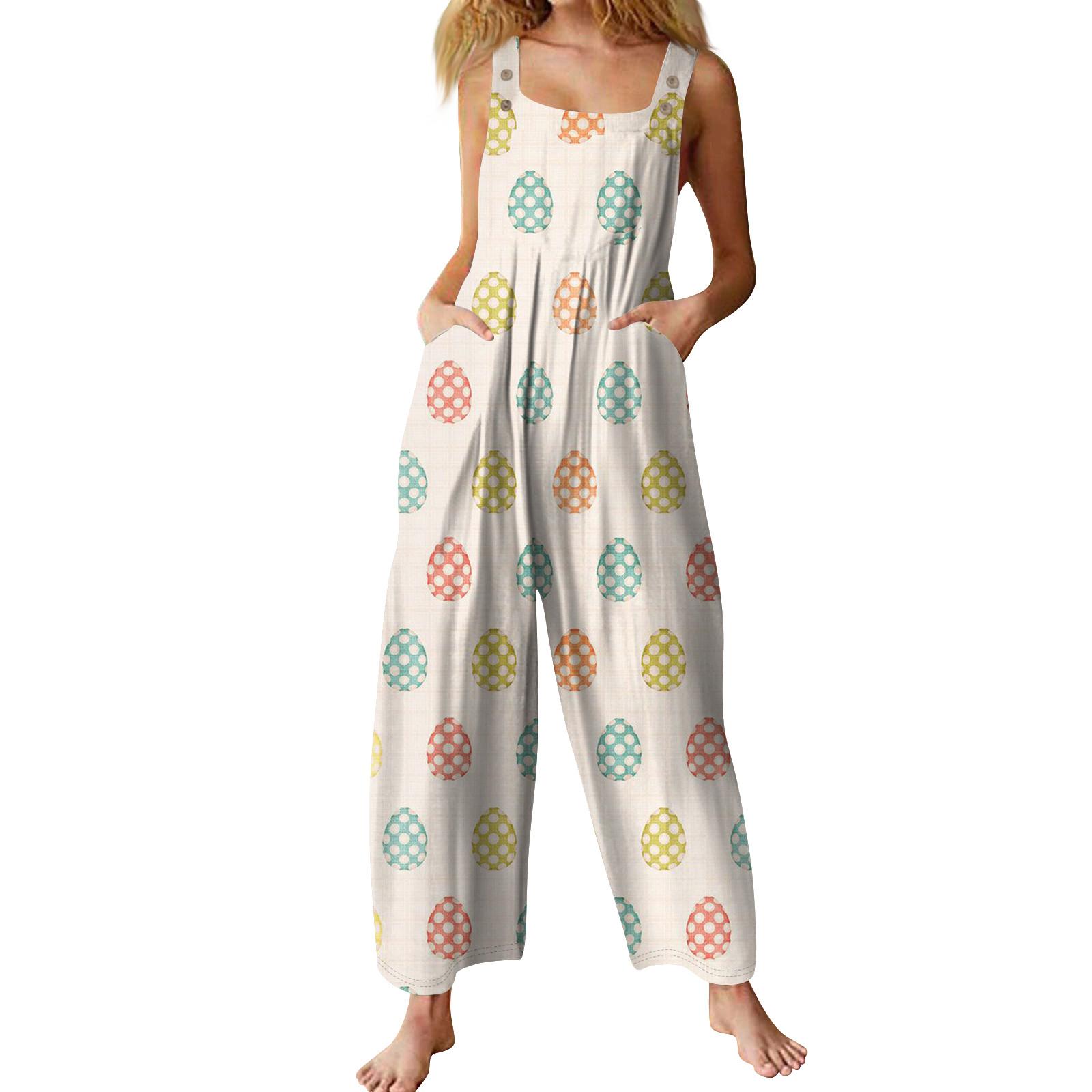 

Women s Casual Jumpsuit Sleeveless Easter Print Jumpsuit S білий