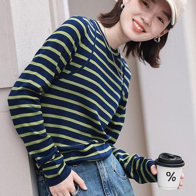 Striped Knitted Sweater Spring Round Neck Inner Slim and Versatile Base Shirt for Women Lazy and Casual