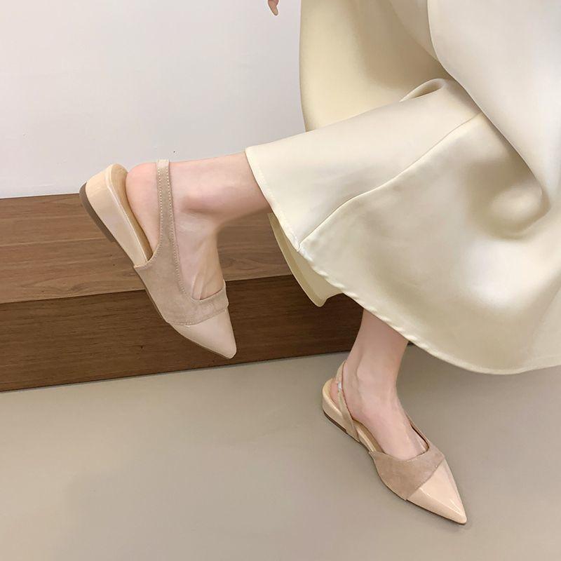 2025 Early Spring New Apricot Versatile Pointed Single Shoes Trendy Spring and Summer French Bag Head Sandals Women's Rear Air Temperament Splicing