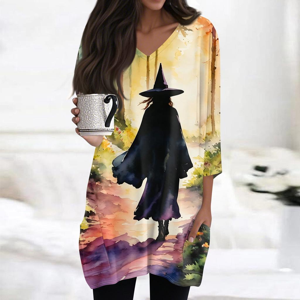 Women's Halloween Print V-Neck Tunic Top with Pockets 3/4 Sleeve for Casual Fall Wear