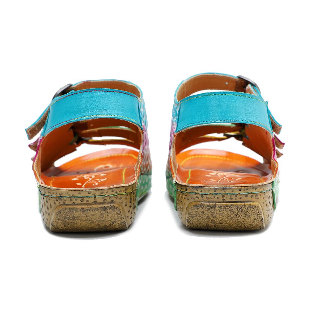 Johnature Echtes Leder Retro Damen Schuhe Sommer Farbe flache Sandalen Komfort atmungsaktive handbemalte Strandsandalen