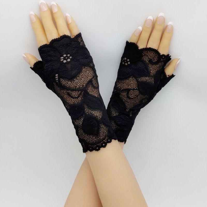 New Arrival Lace Half Finger Gloves Women's Thin Summer Silk Ice Short Sun Protection Driving Non Slip Elastic Fingerless Gloves Bridal Gloves