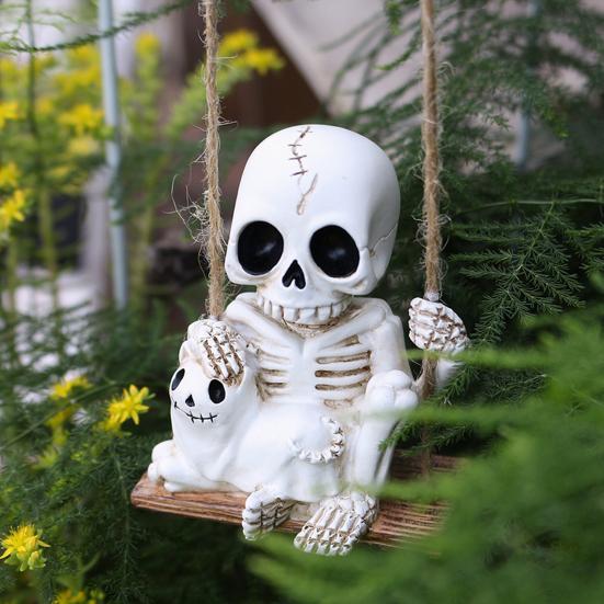 Skeleton And Ghost Cat Figurine Halloween Swing Skeleton Ornament Gothic Hanging Decoration for Car Rearview Mirror Home Halloween Party Decor