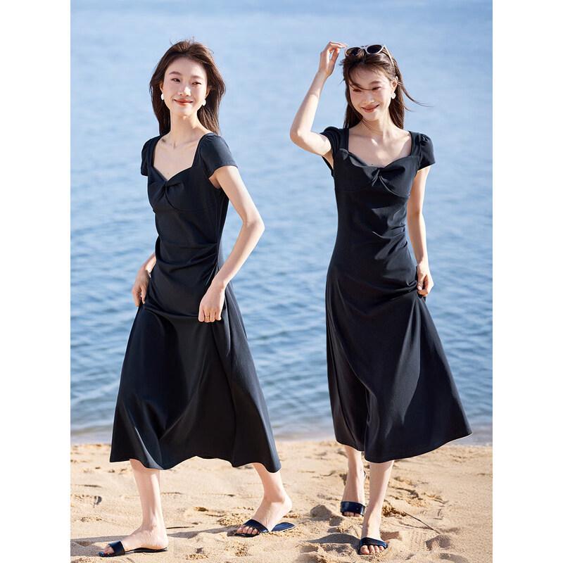 Elegant Square Neck Cinched Waist A-Line Midi Dress