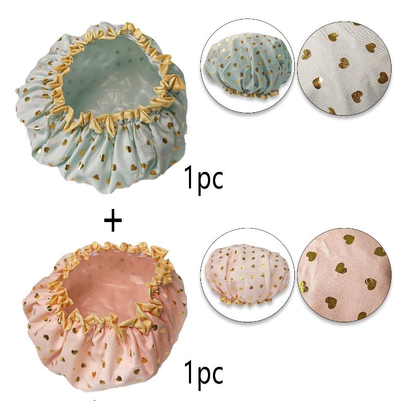 2Pcs Double-Layer Shower Caps, Gold Foil Printed, Soft Stretch Reusable Waterproof Caps for Bathroom and Daily Use