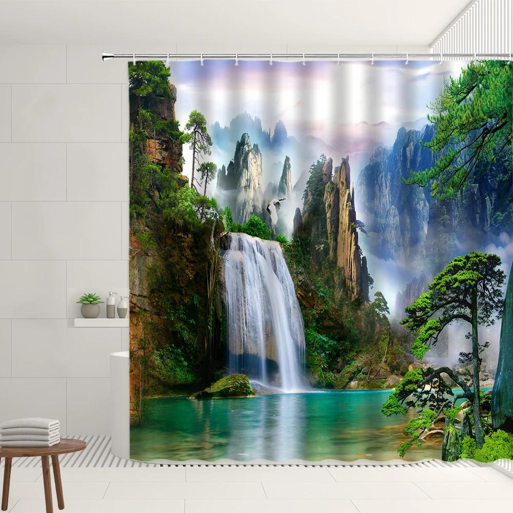 Chinese Landscape Shower Curtain Sets Mountain Waterfall Sunrise Flower Plant Residence Decorations Bathtub Screens With Hooks