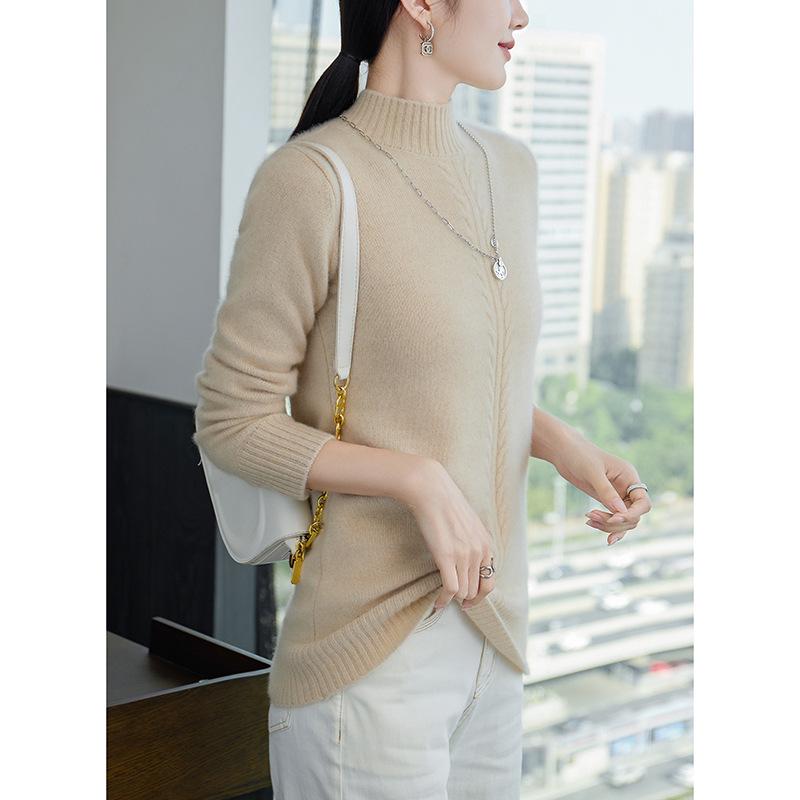Women's Cashmere Cable Knit Top: Half-High Neck, Loose Fit, Warm Slimming Base Layer for Autumn and Winter