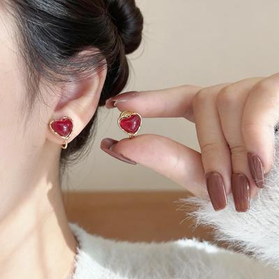 Burgundy Heart Clip-On Earrings: Gold-Edged, Vintage Design, Small & Exquisite.