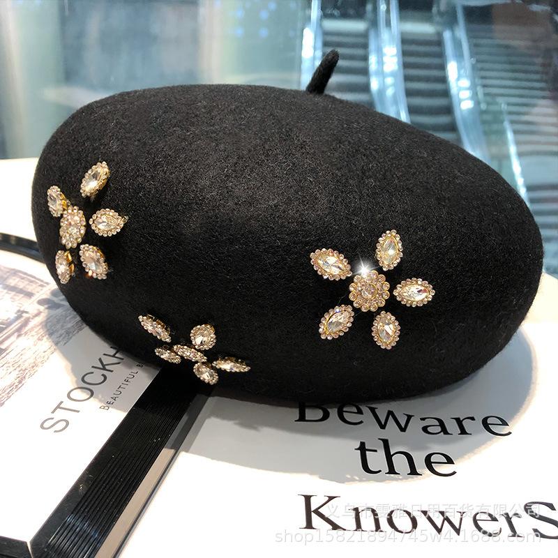 French Beret Woollen Thick Rhinestone Flower Bud Cap Fashion Autumn Octagon Artist Hat Women Painter Caps Headwear