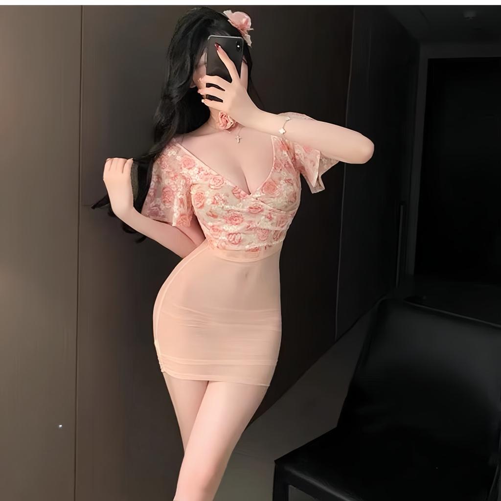 Large size sexy lace flower que underwear new female mood dress tight suit hip wrap pure desire perspective nightdress