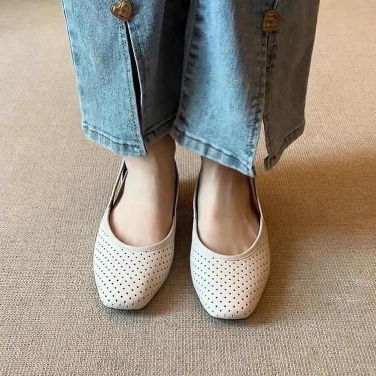 Super Soft Sheepskin~ French Cool Single Shoes Women's Square Head Hollow Hole Shoes Retro Shallow Mouth Hollow Breathable Mary Jane Shoes