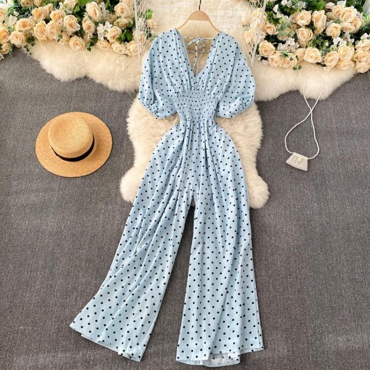 Sexy Waist Slim Jumpsuit with Dolman Sleeves Polka Dot Print Wide Leg Trousers Neck Design