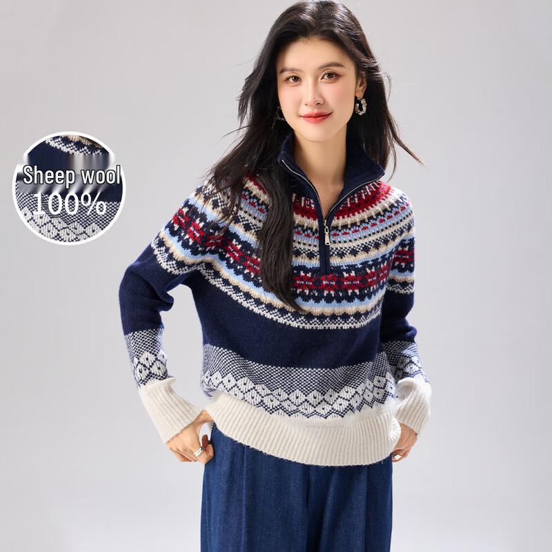 Women's 100% Merino Wool Thick Fair Isle Half-Zip Sweater
