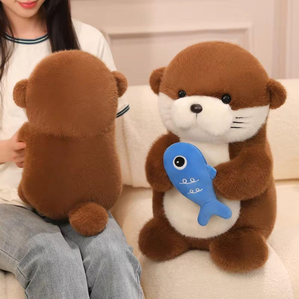 Fluffy Otter Plush Toys Collection Stuffed Otter Doll Pillow Holding Fish Otter Doll  Birthday Gift