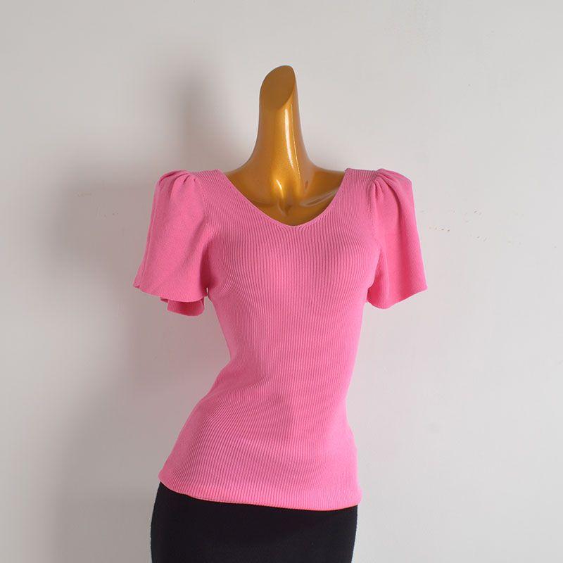 Cabinet V-neck Pleat Short sleeve Ice Silk Knit Women clothes Summer Pure Desire Wind Slim fit Slimming All-Match T-shirt Top