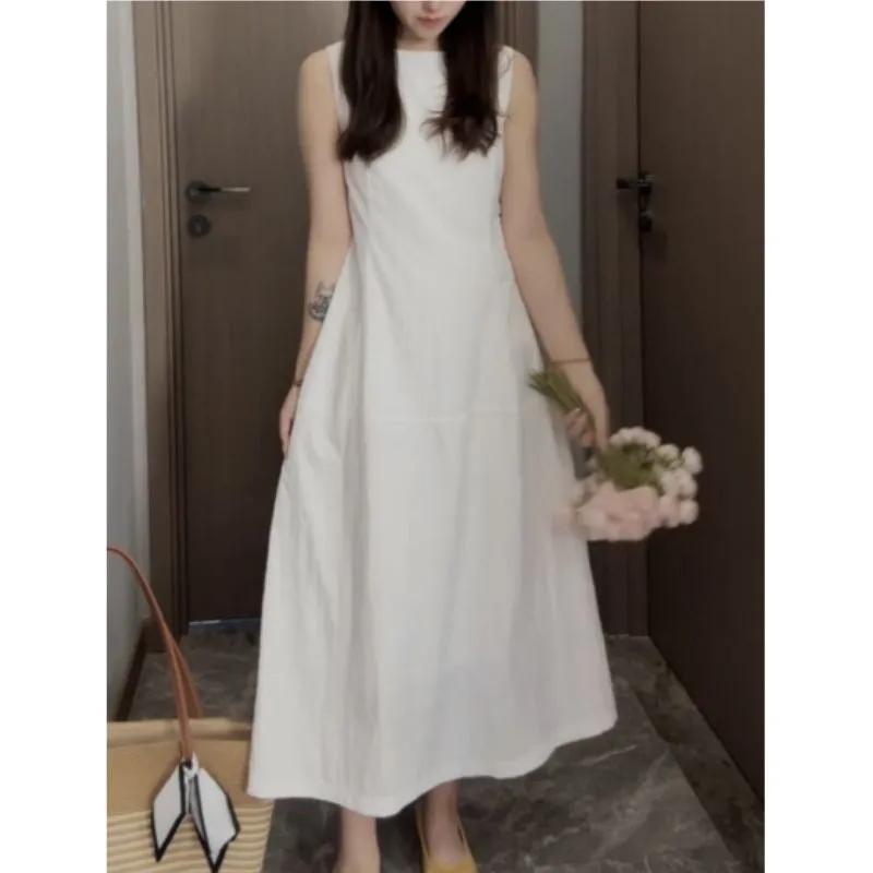 Women's Spring Summer White Sleeveless Round Neck A Line Maxi Dress