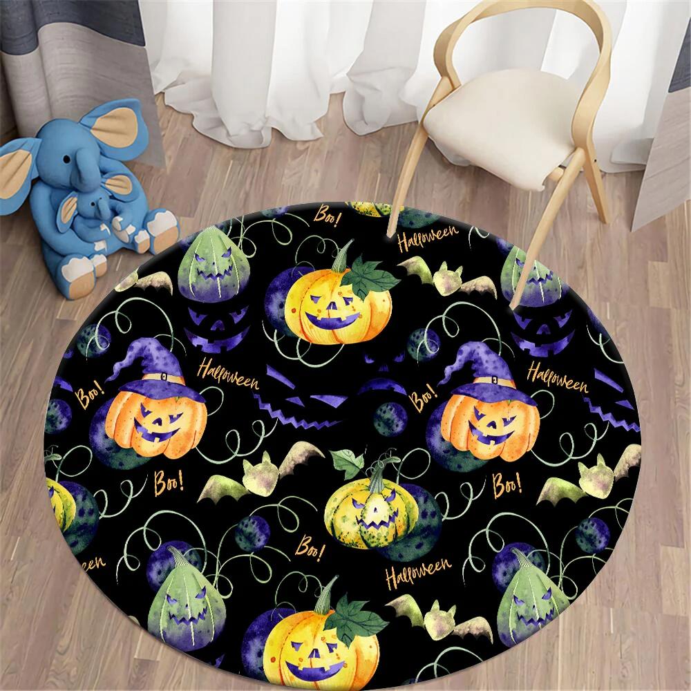 Halloween Round Carpet Magic Pumpkin Demon Bat Graphic Print Rug For Living Room Table Chair Decor Non-slip Circle Floor Mats