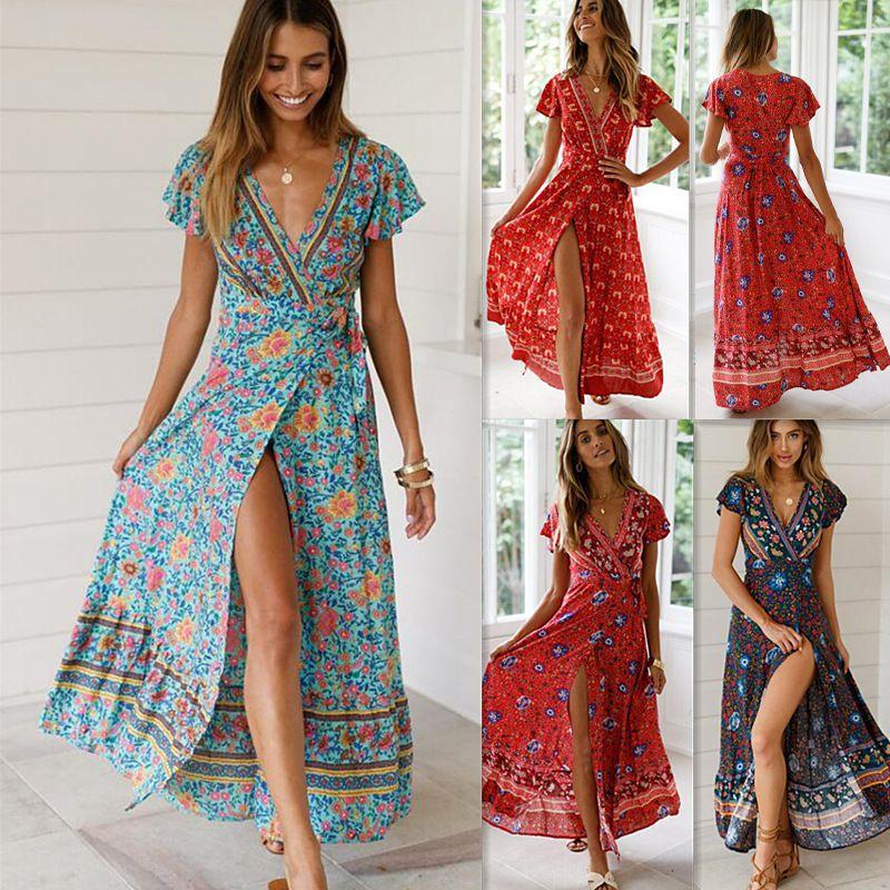 Elegant Women Wrap Summer Boho Floral Short Sleeve Maxi Print Dress For Holidays