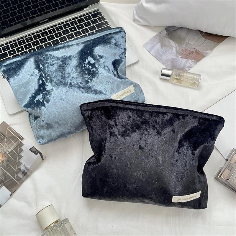 Trendy Velvet Cosmetic Bag Large Capacity Travel Suede Storage Bag Simple Women Girly Portable Clutch Toiletry Bag Gifts