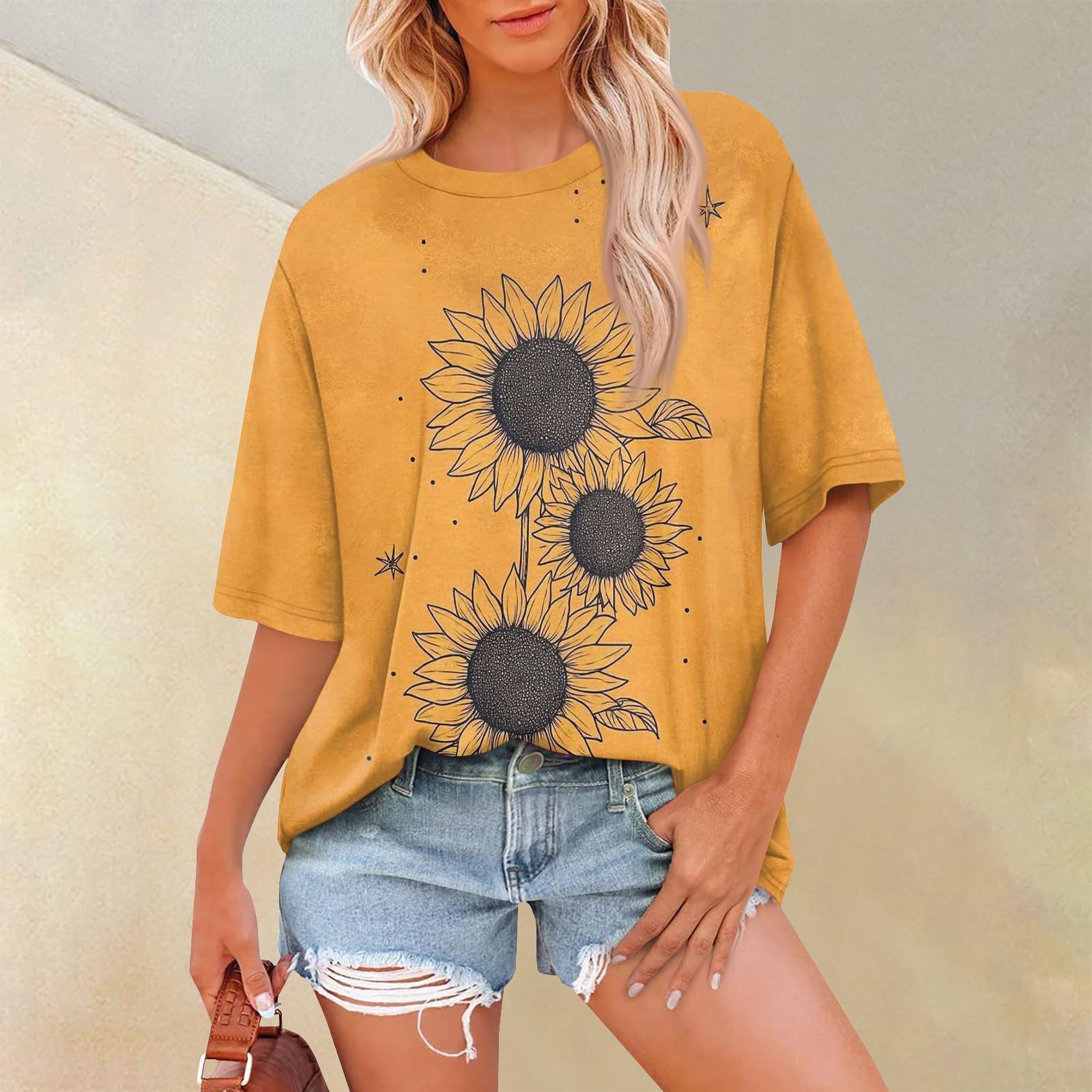 

Женская модная повседневная футболка с цветочным принтом, свободная, с круглым вырезом и коротким рукавом XXXL жёлтый