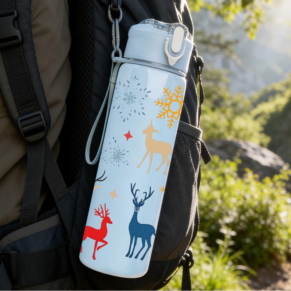 1PC Winter Deer Snow Forest Folk Print 750ml Color Plastic Sports Water Bottle Leakproof Flip Straw Lid Suitable for Sports Office Home Use