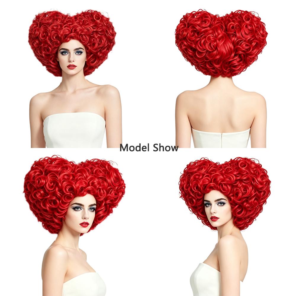 Red Queen Heart Shaped Cosplay Wig 10 Inch Red Fluffy Curly Heat Resistant Synthetic Wig For Women Halloween Costume Party
