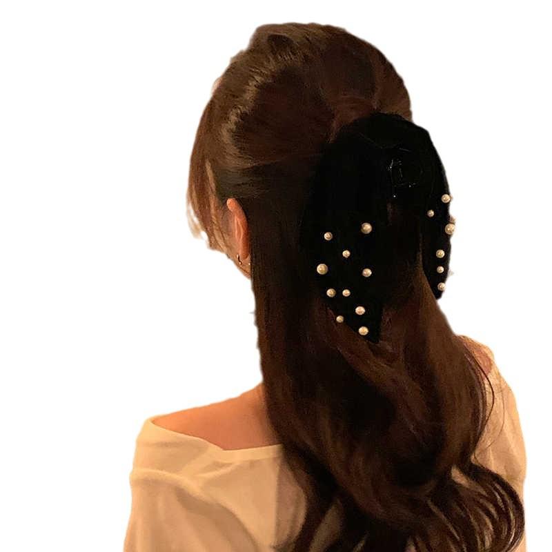 Velvet Pearl Bow Hair Clip for Women - Korean New Year Style Ponytail & Duckbill Hair Accessory