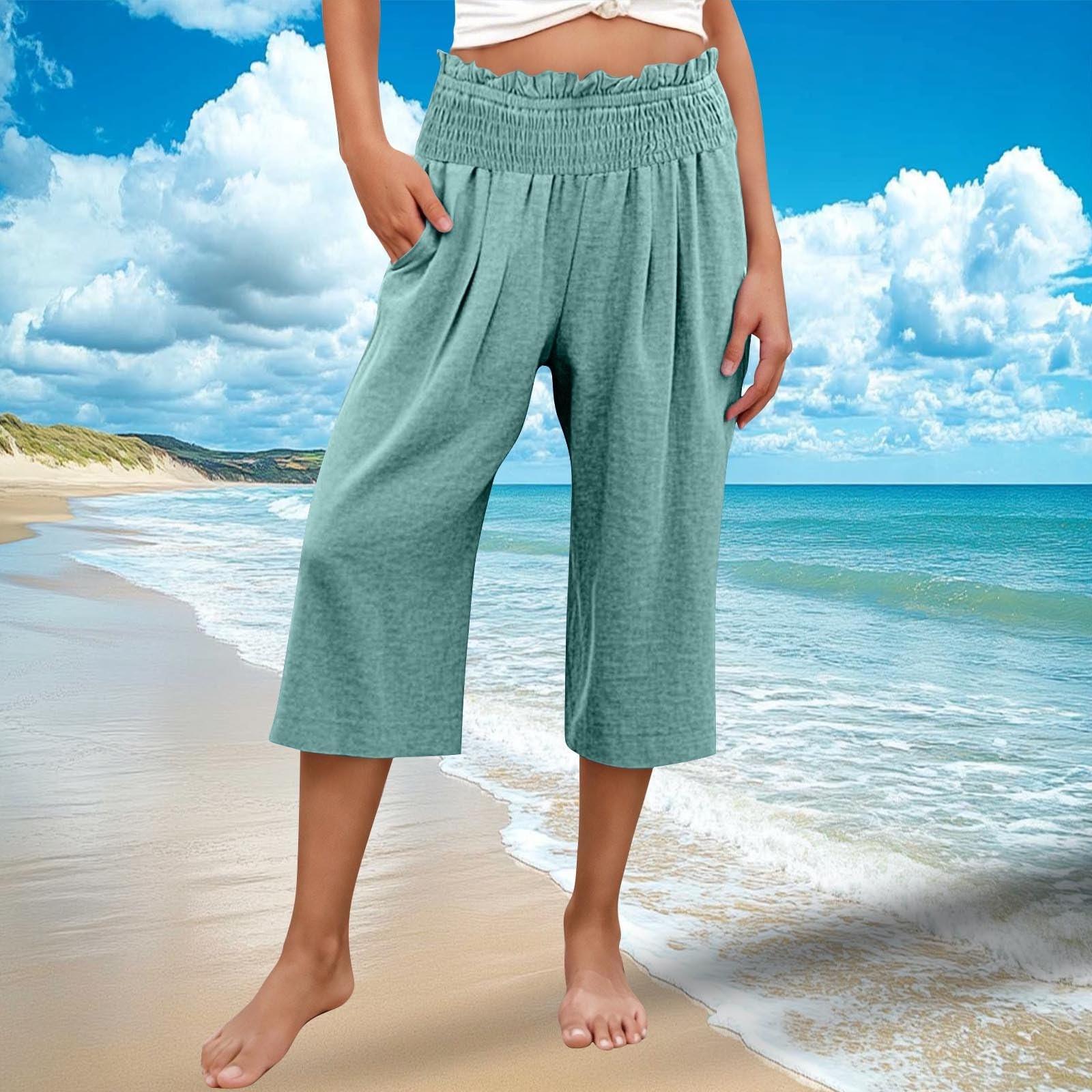 

Жіночі літні бавовняно-лляні штани палаццо з високою посадкою, широкі штани-капрі з кишенями XL