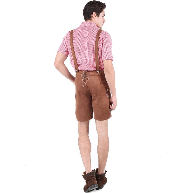 Adult Men's Beer Festival Costume Pink Checked Shirt Suspender Suit Stage Performance Costume