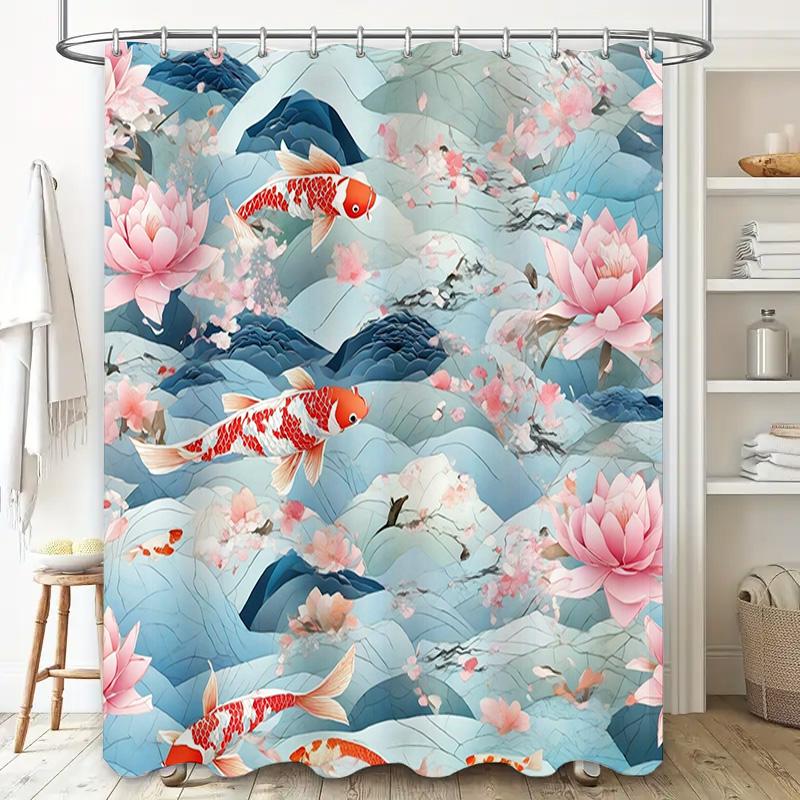 Charming Water Lily Koi Fish Shower Curtain Blue Pink Floral Decor for Bathroom Modern Bath Linen Size 72x84 Inch