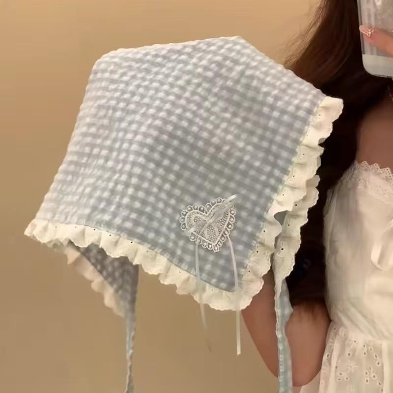 2026 Pastoral Style Lace Triangle Scarf Headband - Sweet Temperament Retro Plaid Ribbon Accessory.