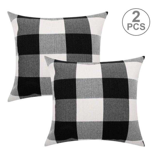 Ensemble de 2 Housse de Coussin à Carreaux Décoratives Coton Lin Housse de Coussin Taie d'oreiller Carreaux Noir Blanc Rouge Gris pour Décoration de Maison 45x45cm