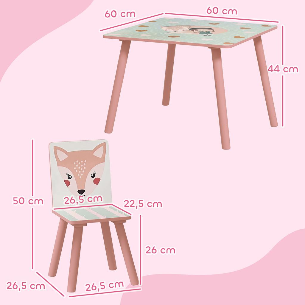 Children's Seating Set Made of Pine Wood, Table with 2 Chairs, Animal Motif, Children's Room, 3-8 Years, Pink